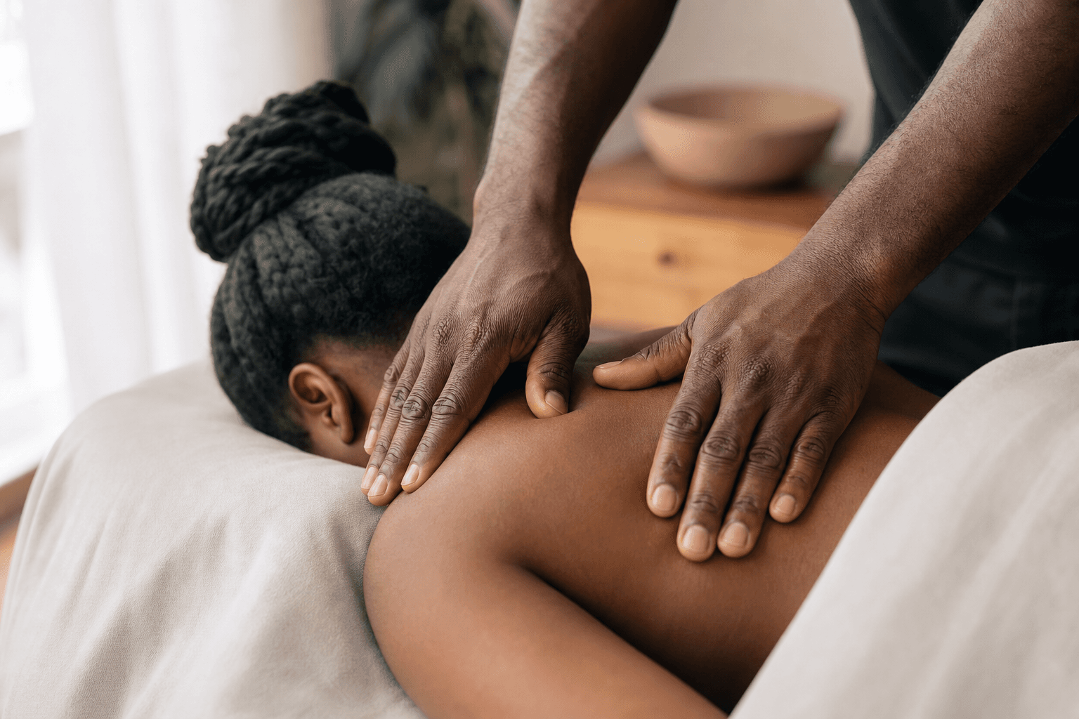 Black massage therapist's hands performing deep tissue massage on a client's upper back
